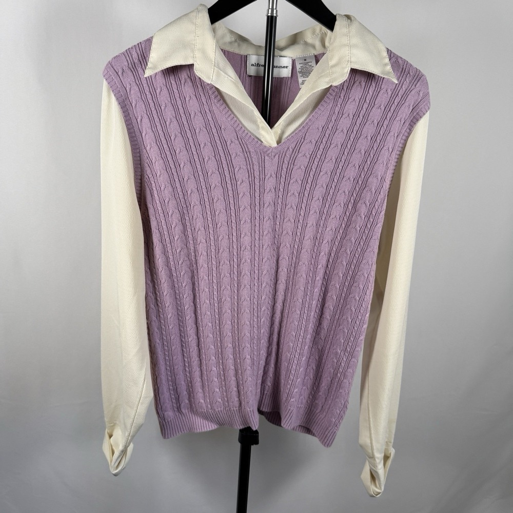 Alfred Dunner Women's Collared Top With Vest Purple Ivory Classic Professional